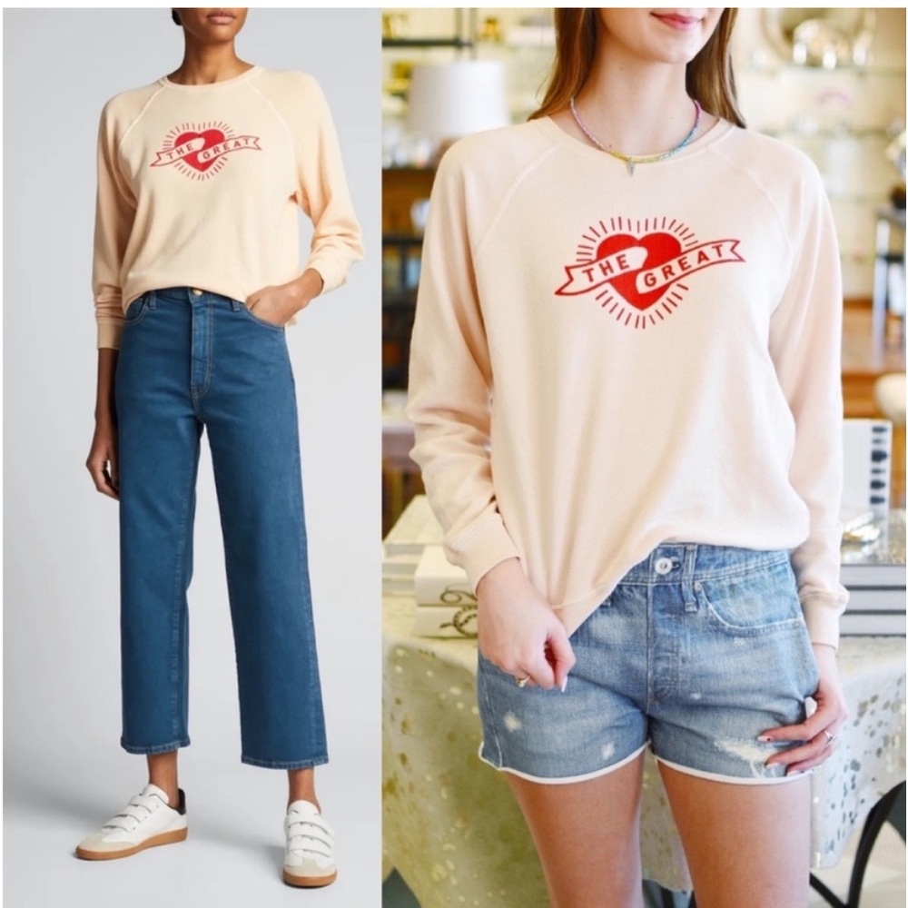 THE GREAT. Heart Logo Pullover Sweatshirt in Pale Peach with Red Logo